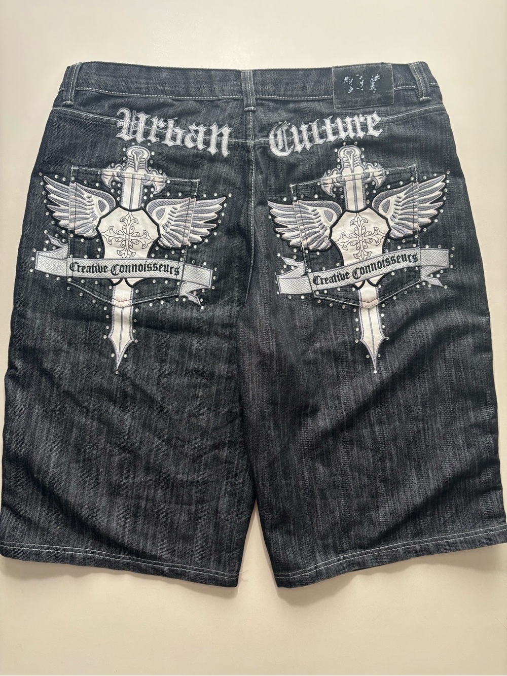 Y2k embroidered cross jeans with leather/rhinestones raw blue/victorious style